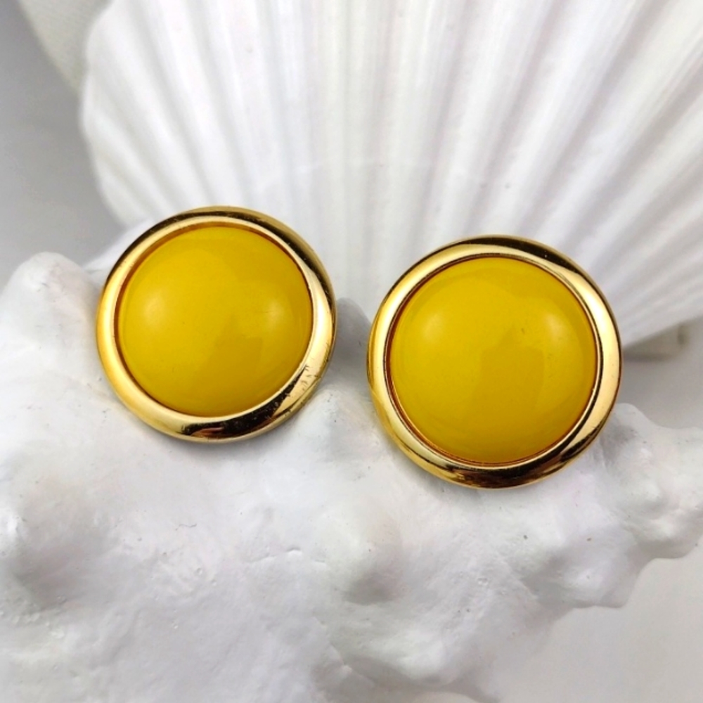 Gold Tone Yellow Button Pierced Earrings - Picture 4 of 4